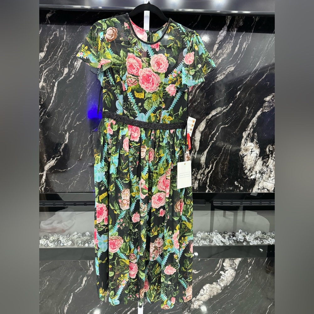 Mac Duggal Black Floral Midi Dress with Pink Roses